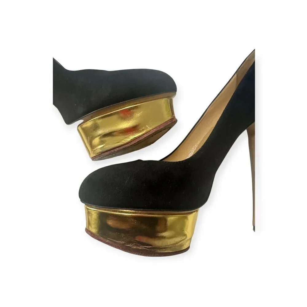 Charlotte Olympia Dolly Platform Pumps, Black Suede-Gold Leather, 38.5 EU